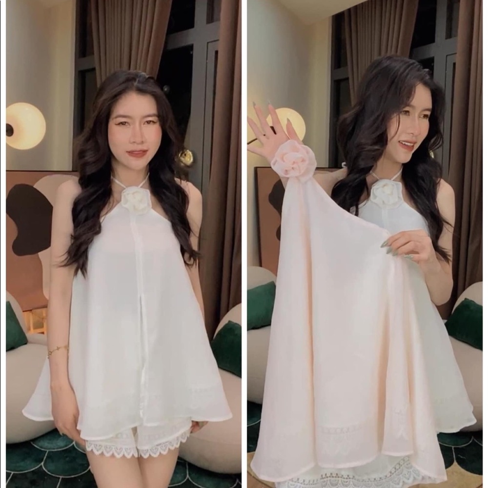 Halter neck blouse and lace short including detachable rose brooch